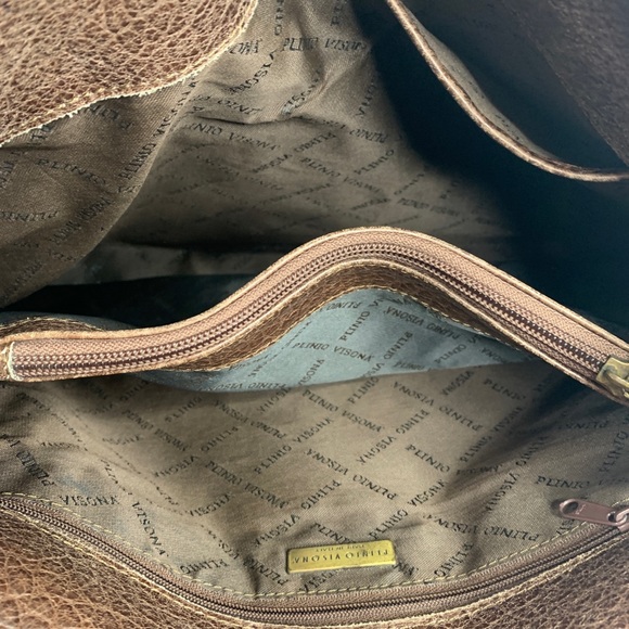 Plinio Visona Italian Brown Textured Leather Large Shoulder Bag Braided Handles - Picture 13 of 13